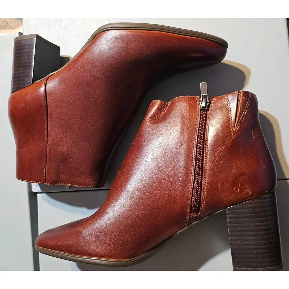 Rockport TN Lynix Ankle‎ Boots Havane Leather Block Heel Zip Womens 6M CG8352
